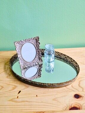 Vintage Oval Vanity Mirror Tray with Ornate Filigree Edge